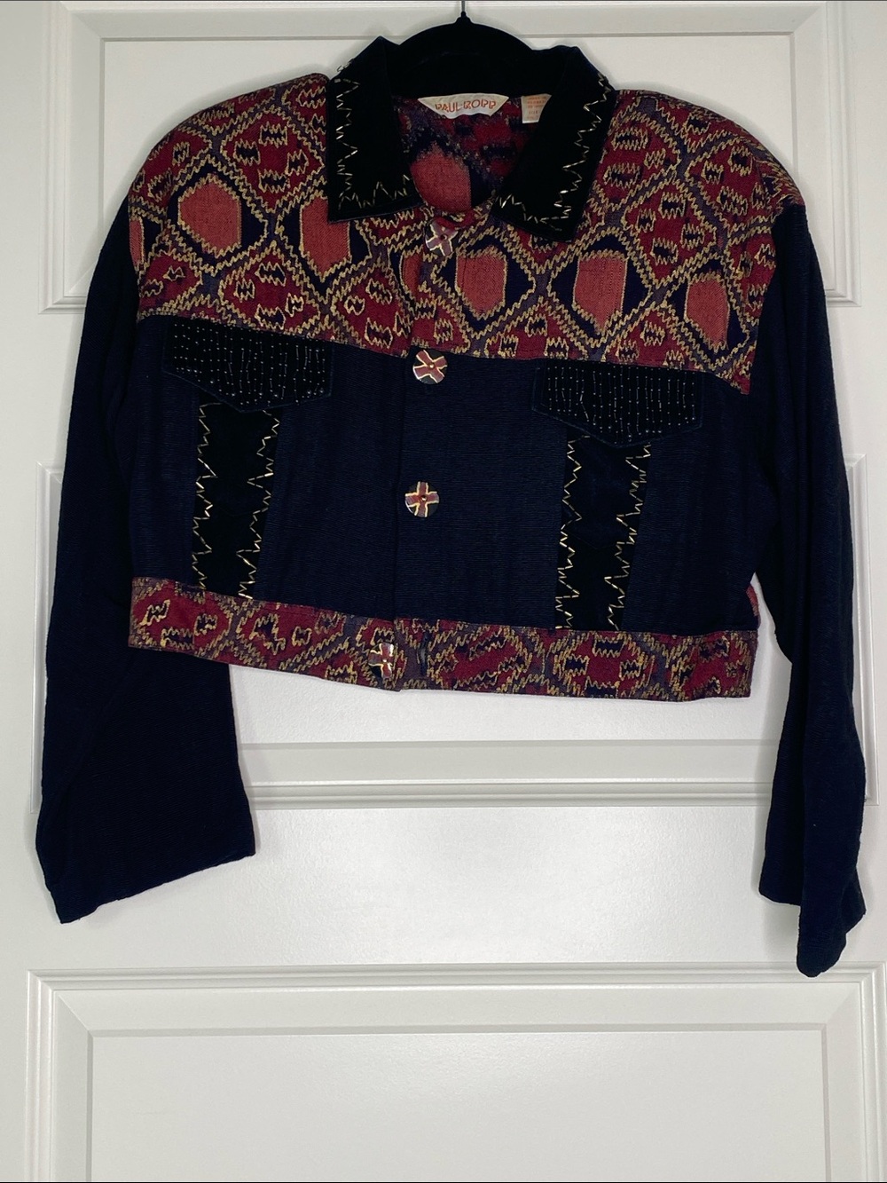 Vintage Paul Ropp Cropped Patterned Jacket in Black and Burgundy